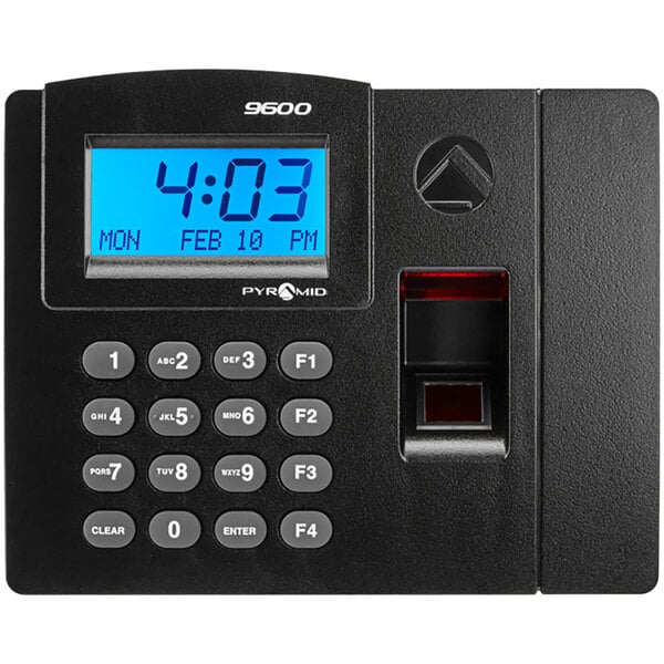 A black Pyramid TimeTrax Elite biometric time clock with a blue screen and keypad.