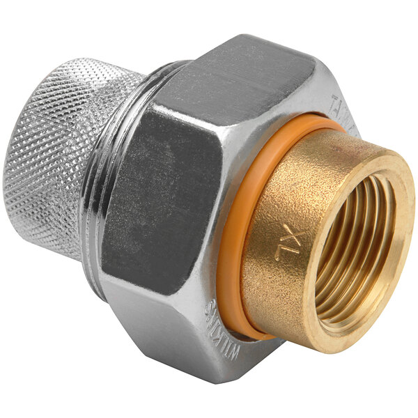 A Zurn brass dielectric union with a gold nut.
