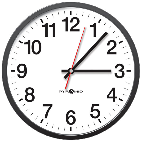 A black clock with black numbers on a white background.