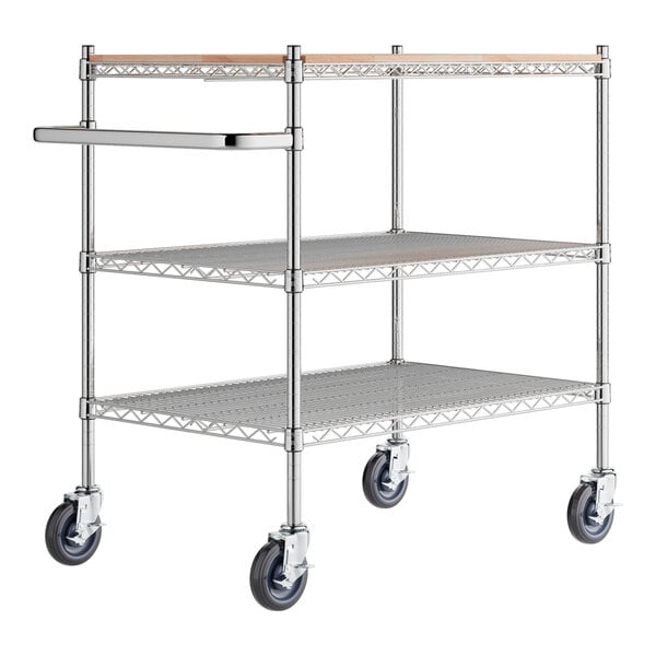 Regency 24" x 36" Three Shelf Chrome Utility Cart with U-Shaped Handle and Wooden Shelf Insert