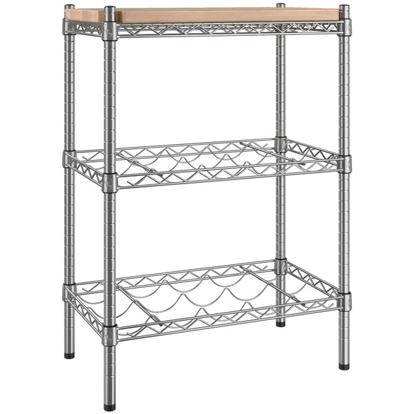 Regency 14" x 24" NSF Chrome 3Shelf Wine Rack Kit with 34" Posts and Wooden Shelf Insert