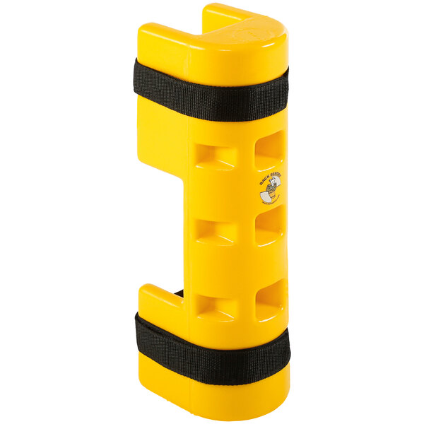 A yellow plastic Sentry rack protector with a cutout for rack legs.