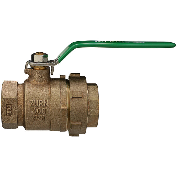 A Zurn brass ball valve with a green handle.