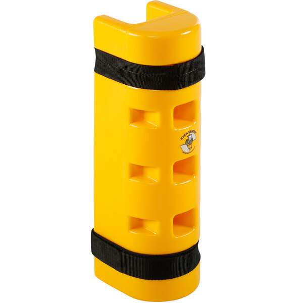 A yellow Sentry Protection rack protector with black straps.