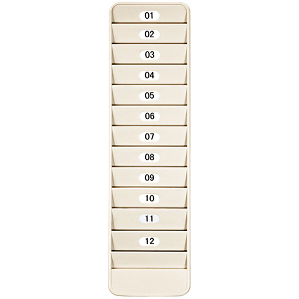 A white plastic Pyramid Time Systems 12-pocket employee badge rack with numbers on it.