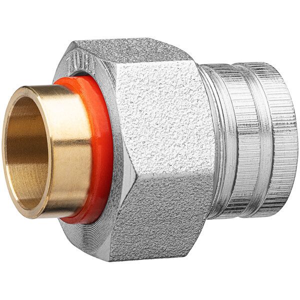 A Zurn iron and copper dielectric union pipe fitting with a threaded stainless steel end and an orange brass end.