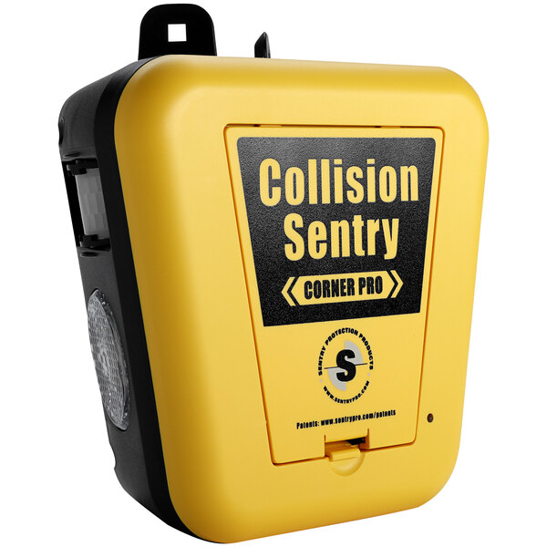 A yellow and black Sentry Collision Warning System box with black text.
