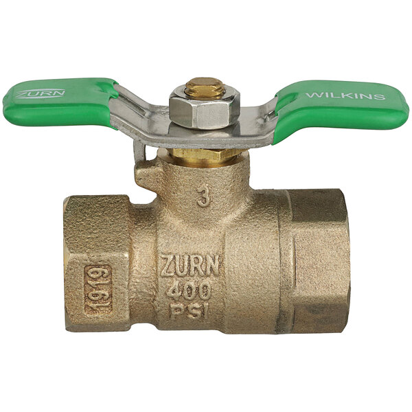 A Zurn bronze ball valve with a green handle.