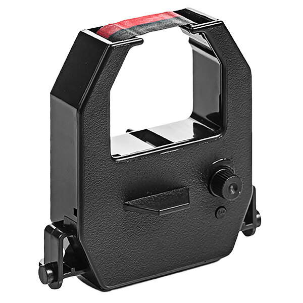 A black and red Pyramid Time Systems replacement ribbon reel with a red handle.