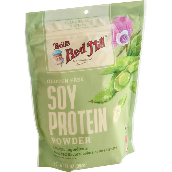 A green bag of Bob's Red Mill soy protein powder.