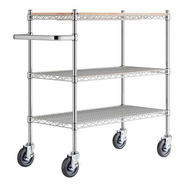 Regency 18" x 36" Three Shelf Chrome Utility Cart with U-Shaped Handle and Wooden Shelf Insert