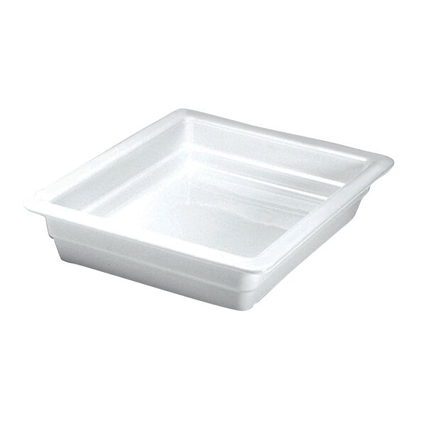 A white rectangular Hall China food pan with a lid.