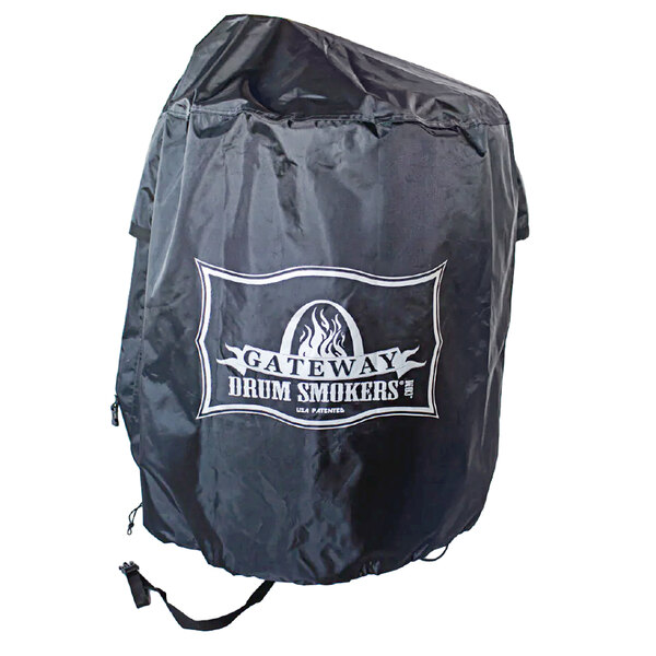 A black Gateway Drum Smoker cover with the company's logo.