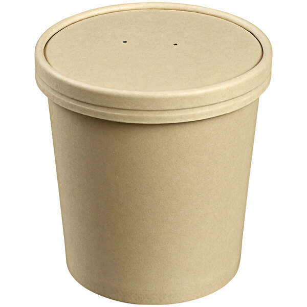 A round beige Solia Natural Bamboo Fiber cup with a lid.