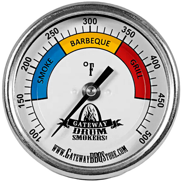 A close up of a Gateway Drum Smoker custom dial thermometer with different temperatures.