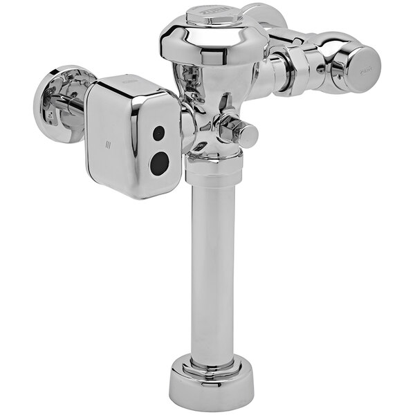 A close up of a Zurn chrome plated metal flush valve for urinals.