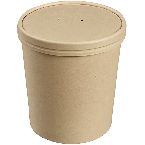 A round brown Solia bamboo fiber cup with a lid.