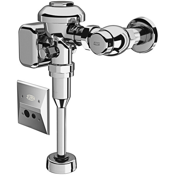 A close-up of a Zurn chrome plated hardwired diaphragm flush valve with a white background.