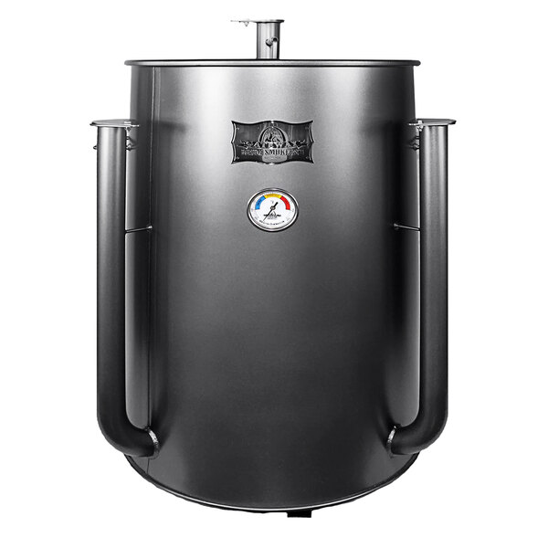 A large black Gateway Drum Smoker barrel with handles.