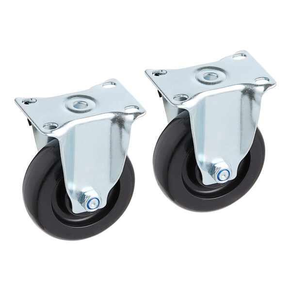 A pair of Avantco rigid casters with black rubber wheels. One wheel is metal and black.