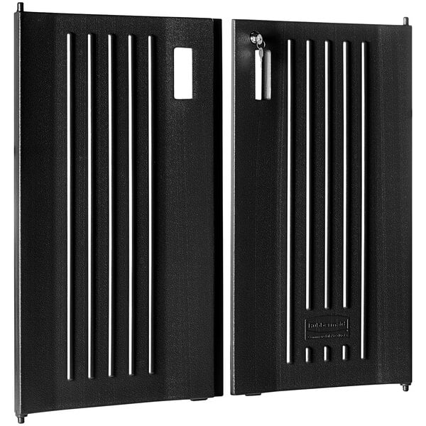A black metal door kit with a metal bar for a Rubbermaid cleaning cart.