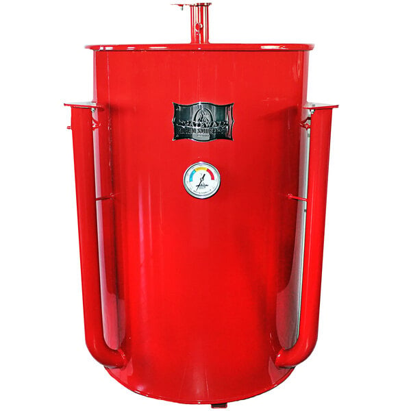 A red metal Gateway Drum Smoker with metal handles and a gauge.