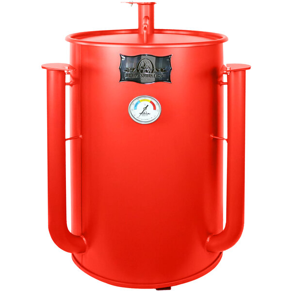 A matte red Gateway Drum Smoker with handles.