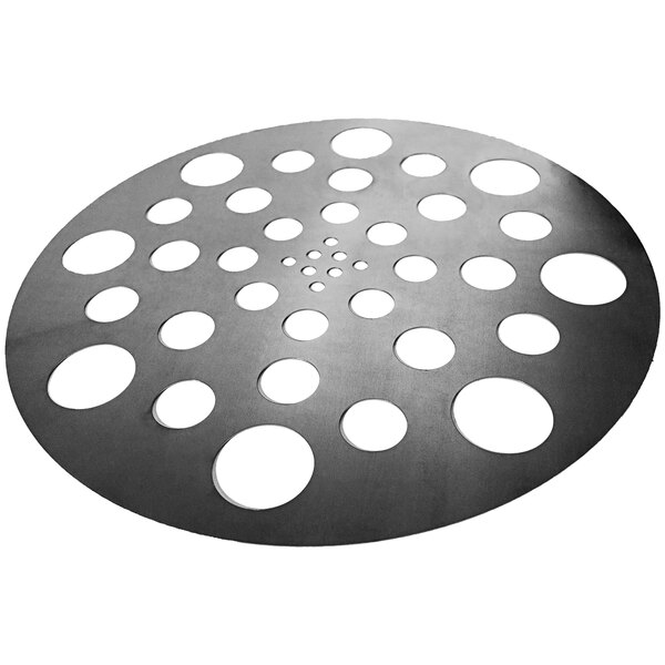 A circular metal Gateway Drum Smoker heat diffuser plate with holes.