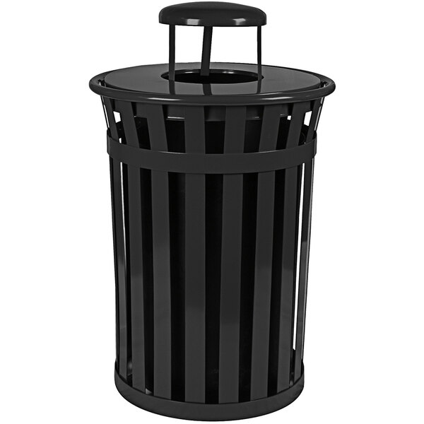 A Witt Industries black steel outdoor trash can with a rain cap lid.