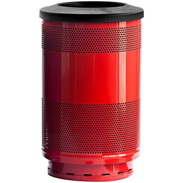 A red Witt Industries 55 gallon outdoor waste receptacle with black perforated top.