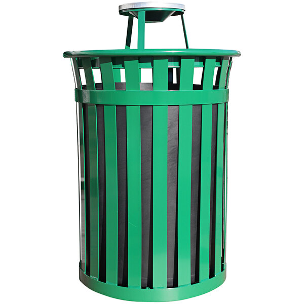 A green Witt Industries Oakley steel waste receptacle with ash top lid.