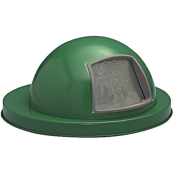 A green steel dome lid with a push door for a trash receptacle.