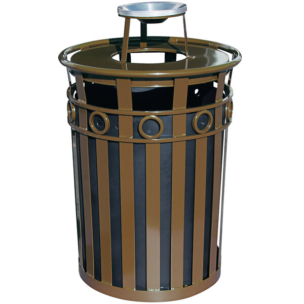 A brown steel Witt Industries Oakley waste receptacle with ash top lid and ring accent band.