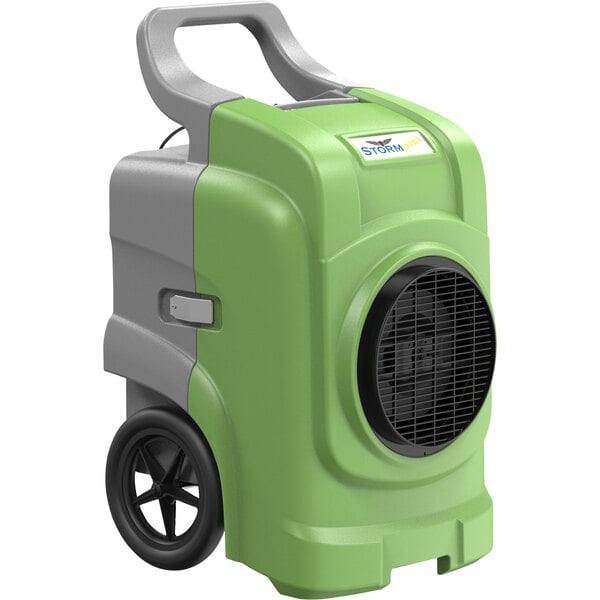 An AlorAir Storm Elite 125 green and grey commercial dehumidifier with black wheels.