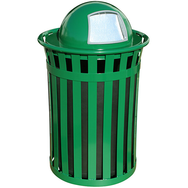 A Witt Industries Oakley green steel trash can with a dome top lid.