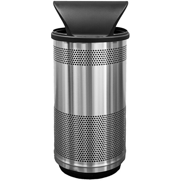 A silver stainless steel Witt Industries outdoor waste receptacle with a hood top lid with holes.