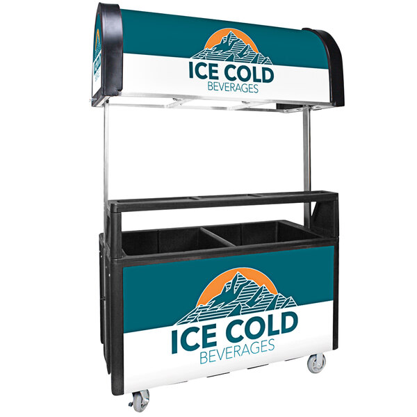 An IRP illuminated black concessionaire cart with a black and white sign on it.