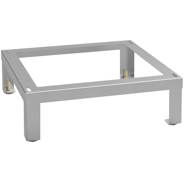 A metal frame stand with legs and screws.