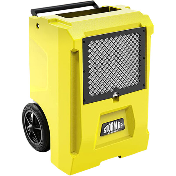 A yellow AlorAir commercial dehumidifier with black wheels.