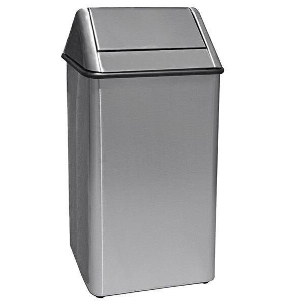 A silver rectangular Witt Industries decorative waste receptacle with a swing top lid.