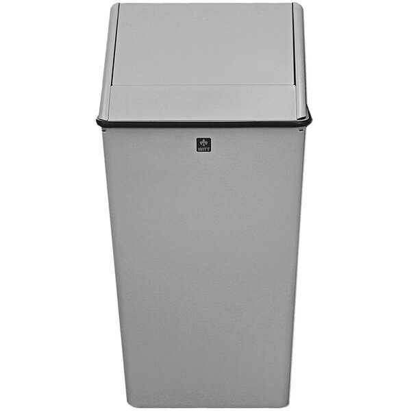 A Witt Industries slate gray rectangular steel trash can with a swing top lid.