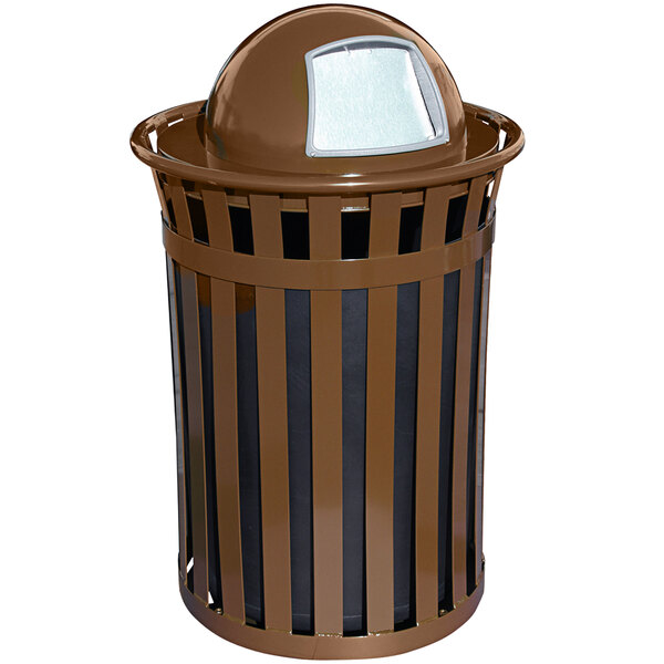 A Witt Industries Oakley brown steel trash can with a dome top lid.