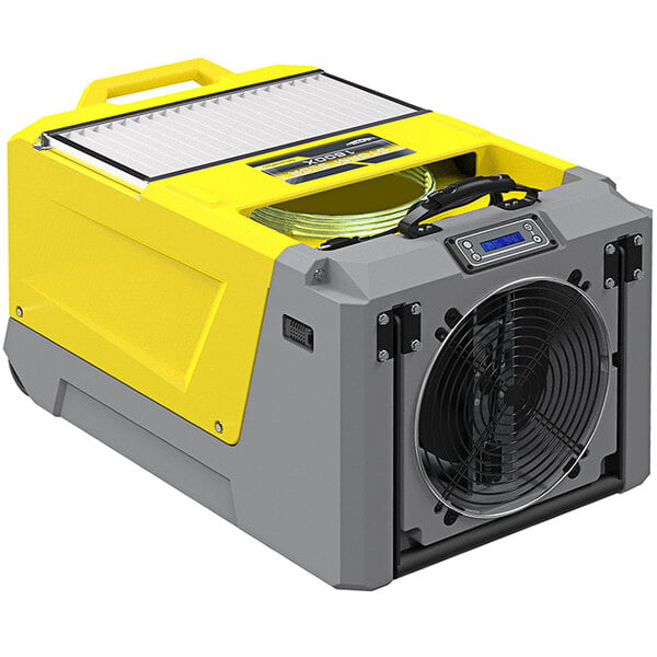 An AlorAir Storm SLGR 1600X smart Wi-Fi commercial grade dehumidifier with a yellow and grey machine with a fan.