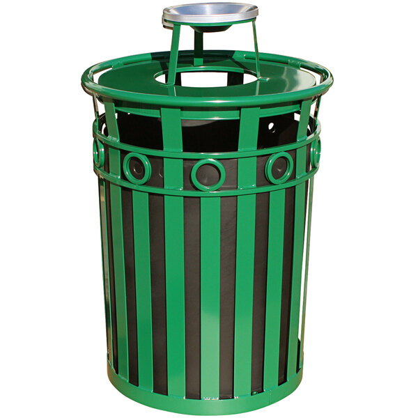 A green Witt Industries steel waste receptacle with a black ash top lid and ring accent band.