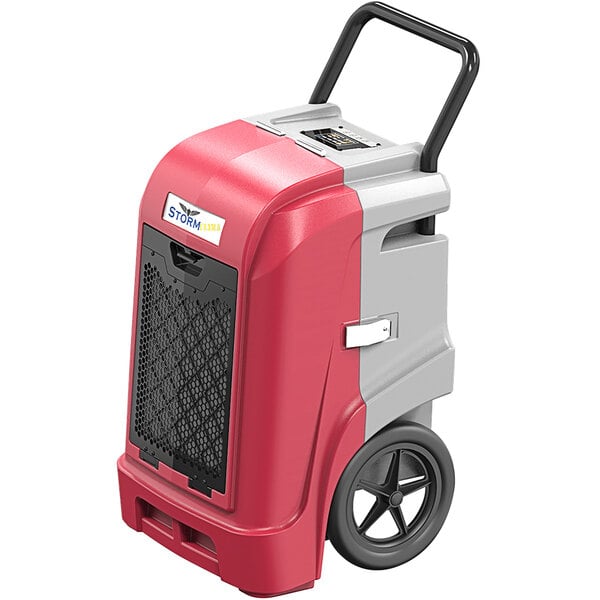 A red and grey AlorAir commercial dehumidifier with wheels.