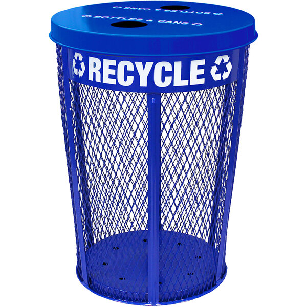 A Witt Industries blue steel mesh outdoor recycling bin with a lid.