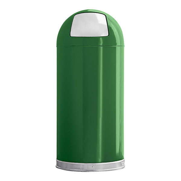 A green trash can with a white lid.
