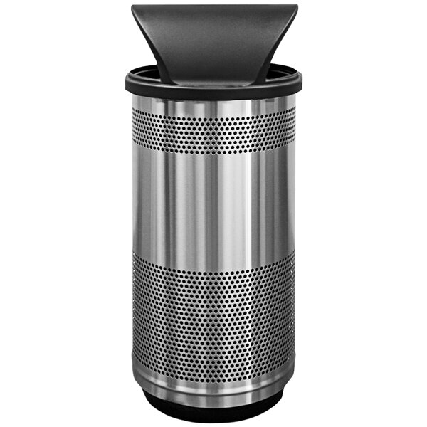 A silver stainless steel Witt Industries outdoor trash can with a hood top lid with holes.