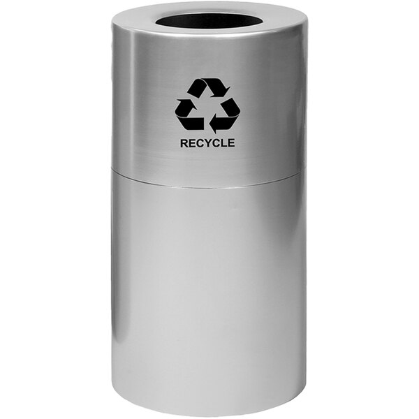 A silver Witt Industries round indoor decorative recycling receptacle with a recycle symbol.