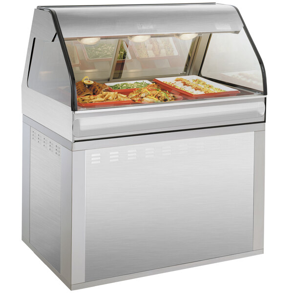 An Alto-Shaam stainless steel food display case with curved glass and a base full of food trays.